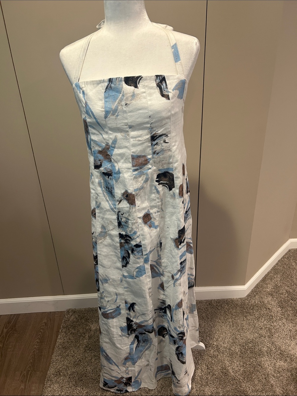 Women’s White Maxi Dress with Blue & Brown Abstract Print